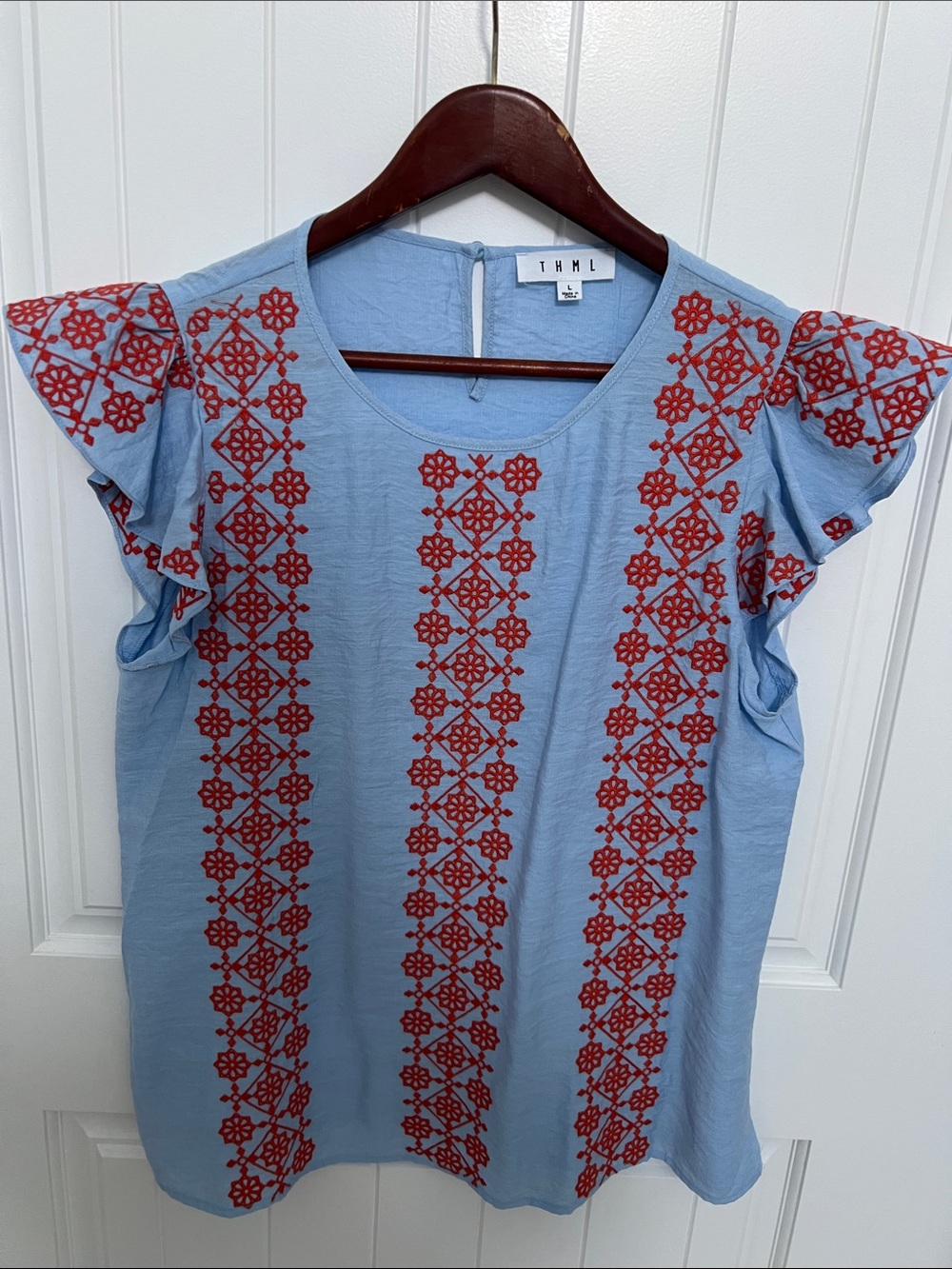 THML Light Blue Embroidered Flutter Sleeve Blouse Size Large - Picture 2 of 9